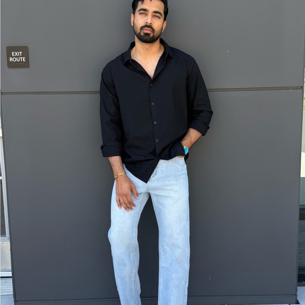 Black Casual Button Down Shirt with Rolled Sleeves